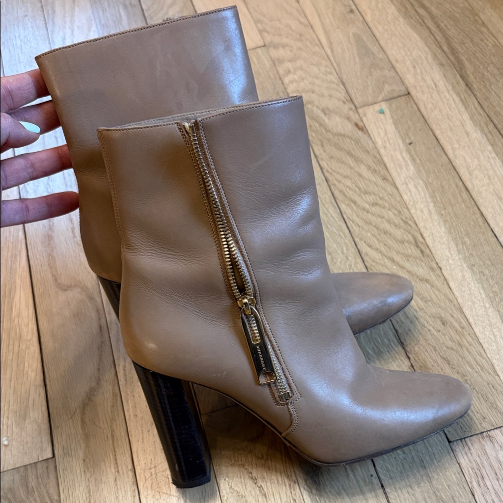 Burberry Taupe Zip Leather Ankle Booties With Gold Hardware